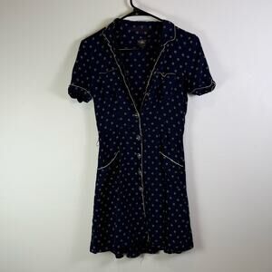 Ralph Lauren Double RL Navy Blue Printed Midi Dress with White Piping